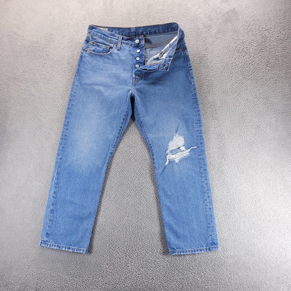 Levis 501 Jeans Womens 29 Blue High Rise Straight Distressed Button Fly Denim